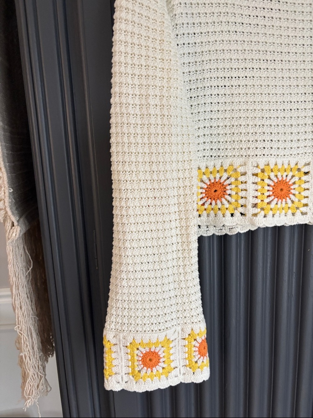 Sincerely Jules Cream Crochet Cropped Sweater with Yellow & Orange Floral Trim - Picture 2 of 4